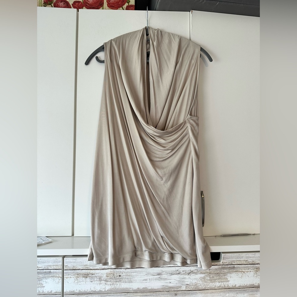 👚 Ann Taylor Light Beige Draped Cowl Neck Sleeveless Top Size L